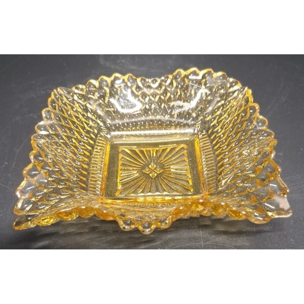 Federal Glass - Amber Square Diamond Point‎ Ruffled Candy Dish-1950-1960s-Rare!